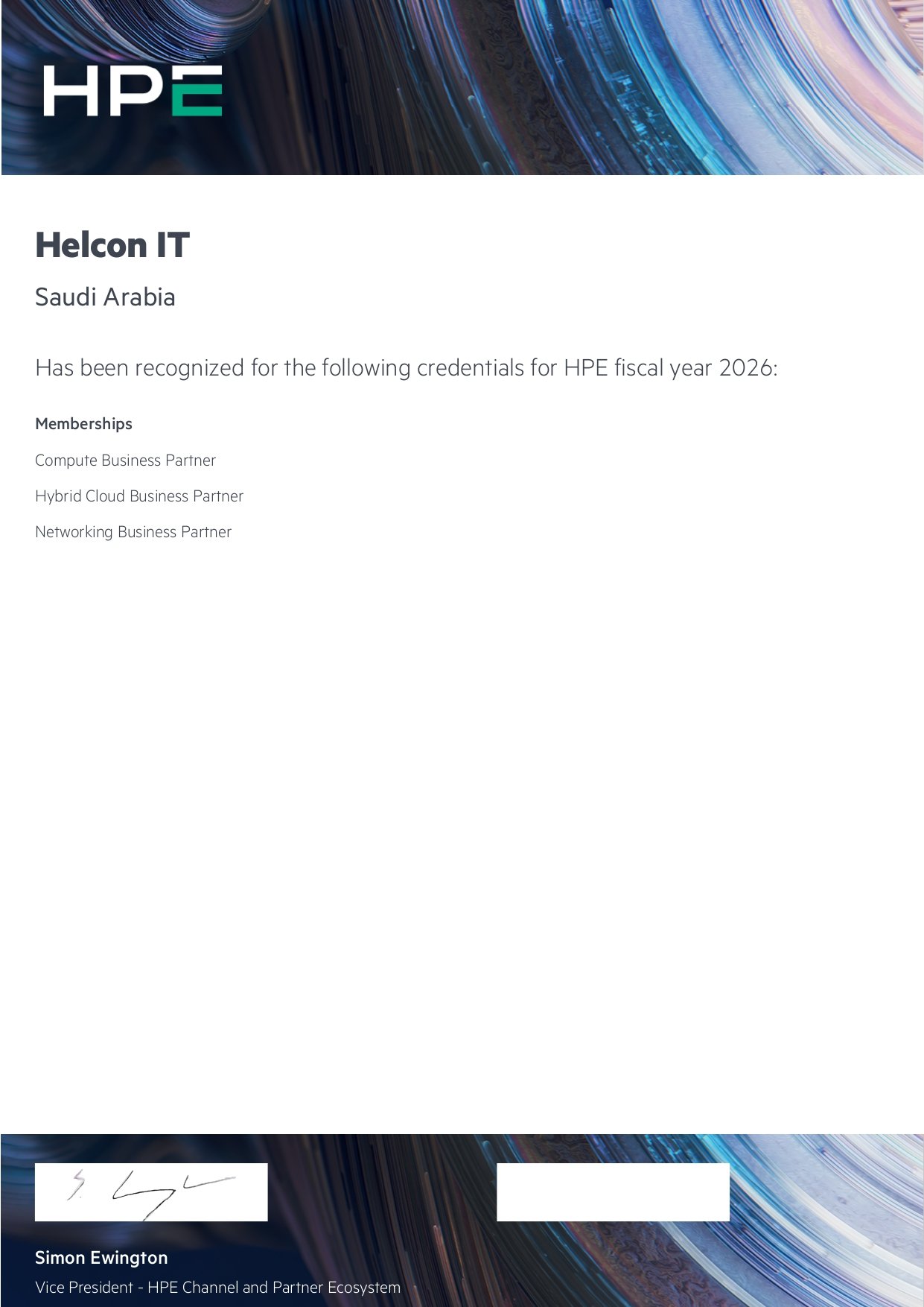 HPE partnership certificate issued to TeleNoc Group