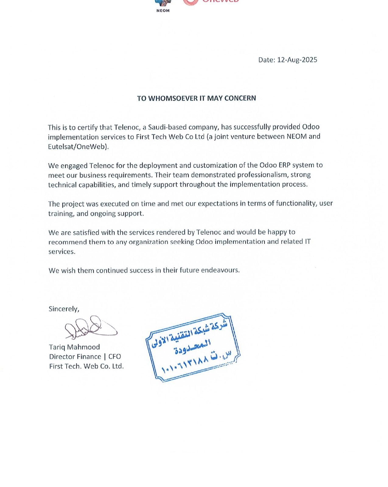 Telenoc appreciation letter - One web